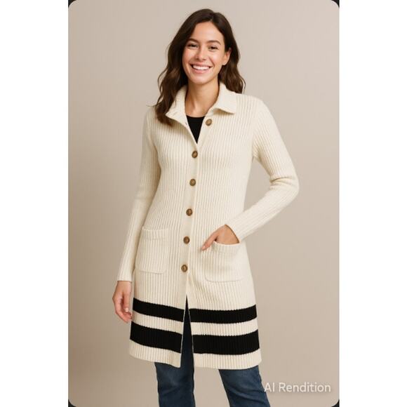 LRL Ralph Lauren Sweater Dress Cream & Blue Medium Old Money Look Ribbed - Picture 1 of 16